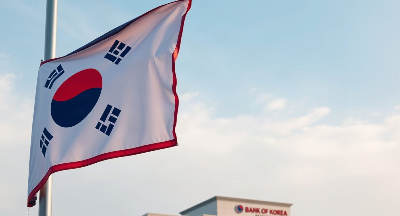 Bank of Korea headquarters and South Korean flag, representing the central bank's monetary policy decision.