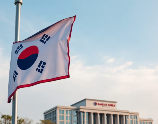 Bank of Korea headquarters and South Korean flag, representing the central bank's monetary policy decision.
