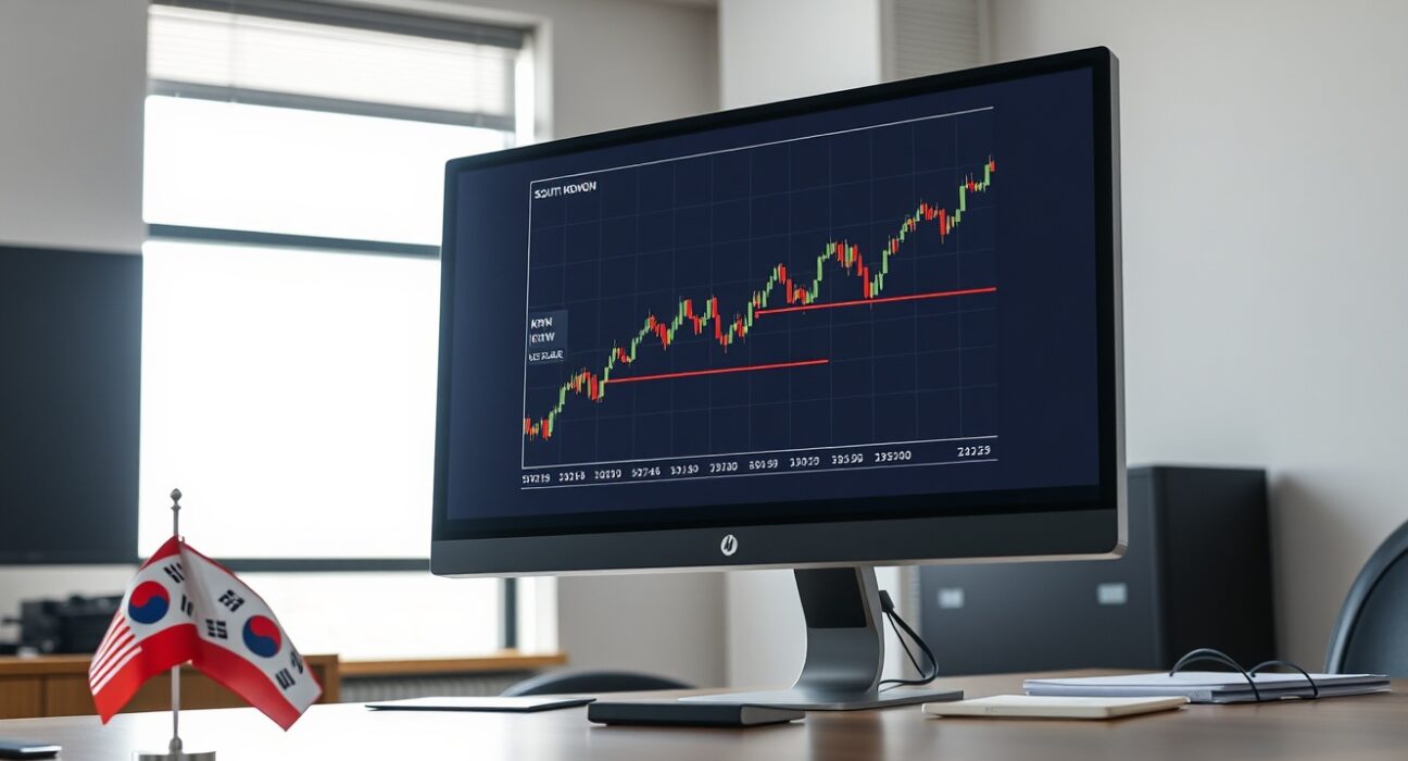 Financial trading desk monitor showing KRW/USD currency chart with upward trend
