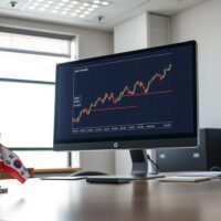 Financial trading desk monitor showing KRW/USD currency chart with upward trend