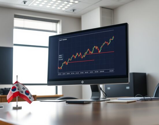 Financial trading desk monitor showing KRW/USD currency chart with upward trend