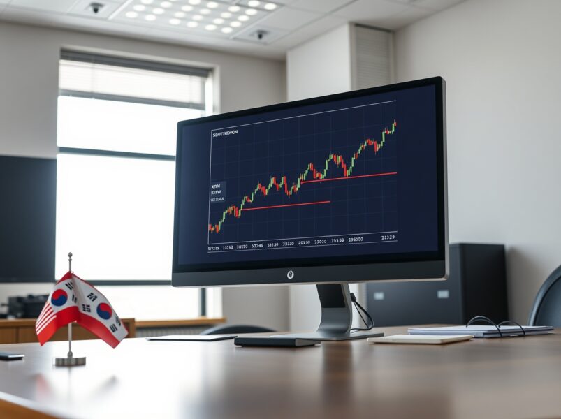 Financial trading desk monitor showing KRW/USD currency chart with upward trend