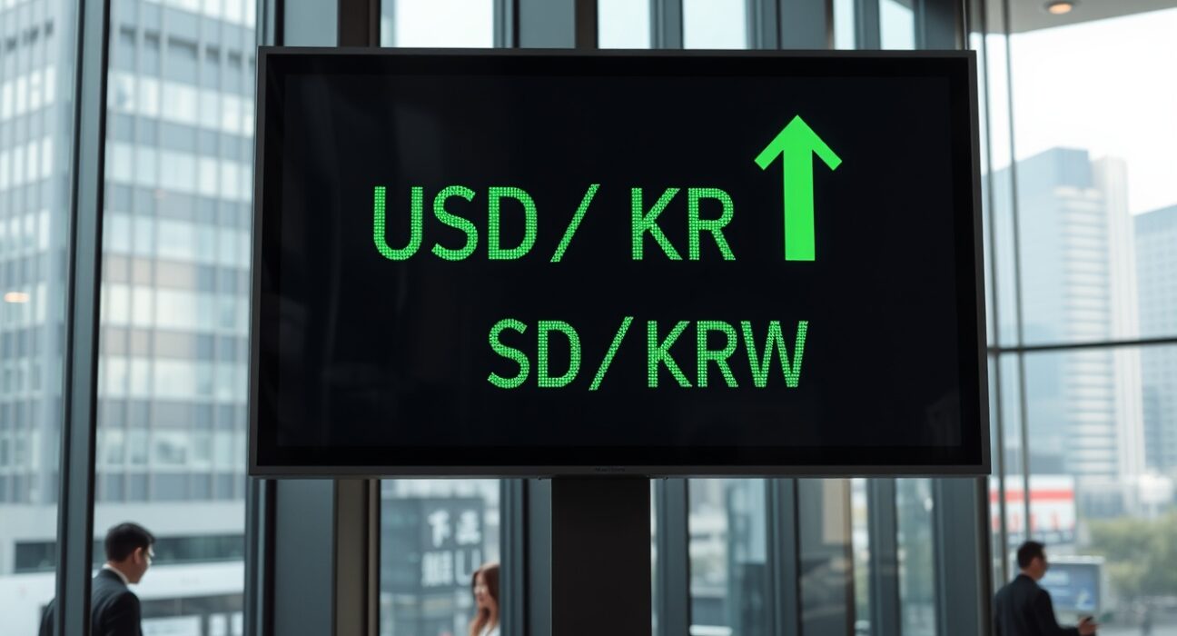 Digital currency exchange board showing USD/KRW rate with gains in a Seoul financial district.
