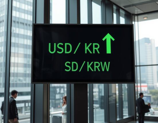 Digital currency exchange board showing USD/KRW rate with gains in a Seoul financial district.