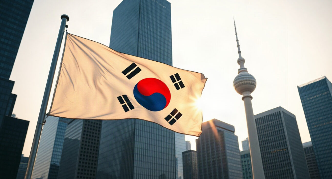 South Korean flag flying over Seoul's financial district skyline