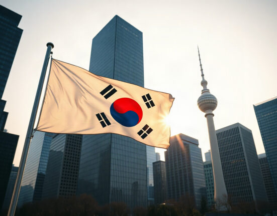 South Korean flag flying over Seoul's financial district skyline
