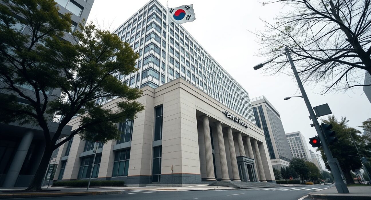 Bank of Korea headquarters in Seoul with South Korean flag under overcast sky