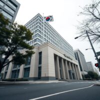 Bank of Korea headquarters in Seoul with South Korean flag under overcast sky