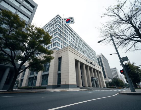 Bank of Korea headquarters in Seoul with South Korean flag under overcast sky