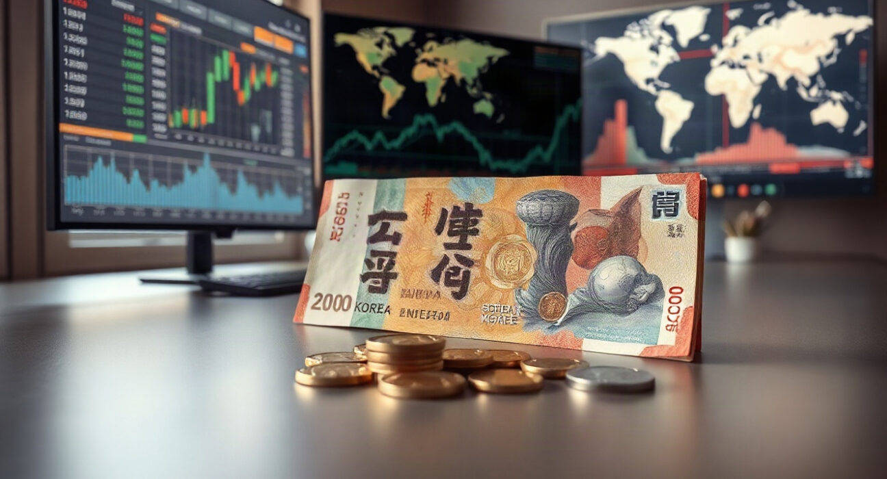 South Korean won banknotes and coins with financial charts in background