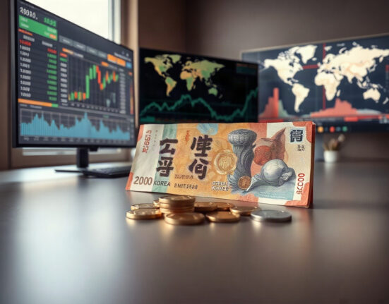 South Korean won banknotes and coins with financial charts in background