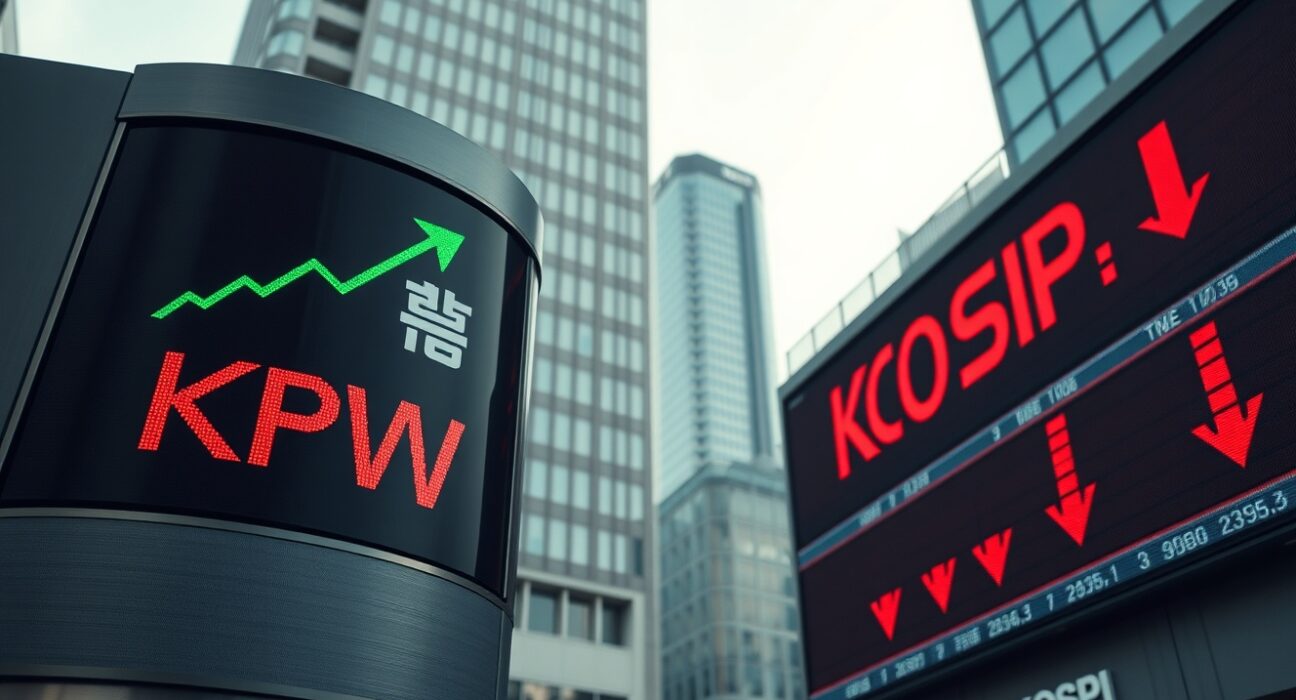 South Korean Won exchange rate board with green arrow against KOSPI index in red, showing market divergence in Seoul.