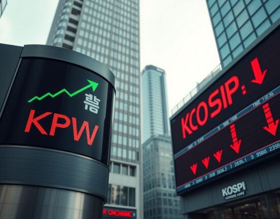 South Korean Won exchange rate board with green arrow against KOSPI index in red, showing market divergence in Seoul.
