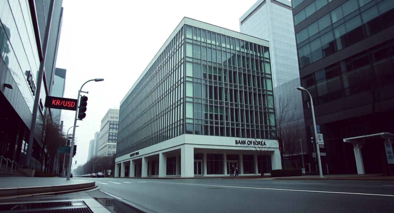 Bank of Korea headquarters building in Seoul, South Korea, on a cloudy morning.