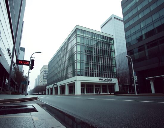 Bank of Korea headquarters building in Seoul, South Korea, on a cloudy morning.