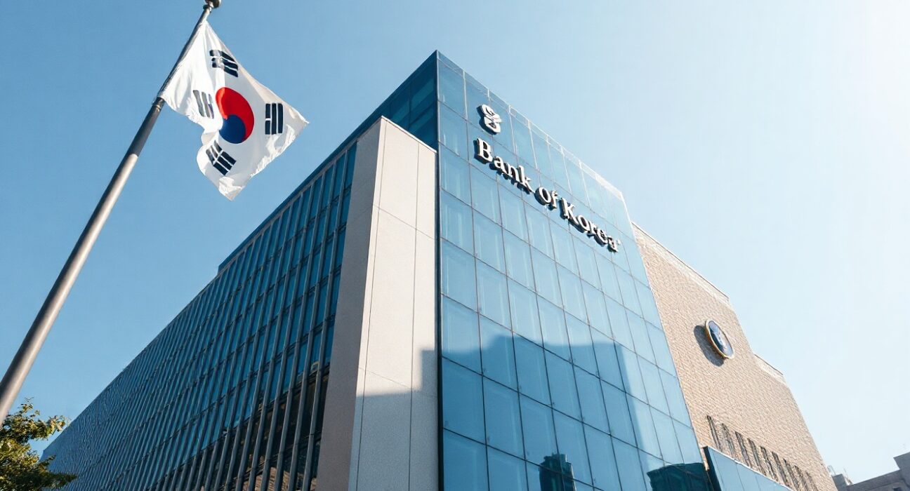 Bank of Korea headquarters in Seoul on a sunny day, symbolizing currency policy efforts.