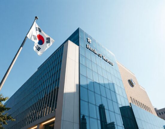 Bank of Korea headquarters in Seoul on a sunny day, symbolizing currency policy efforts.
