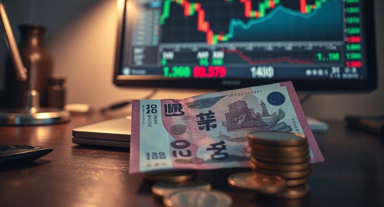 South Korean Won banknotes and coins on a desk with a blurred financial chart background