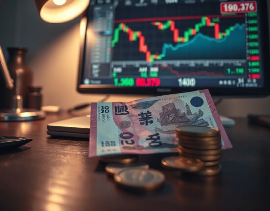 South Korean Won banknotes and coins on a desk with a blurred financial chart background