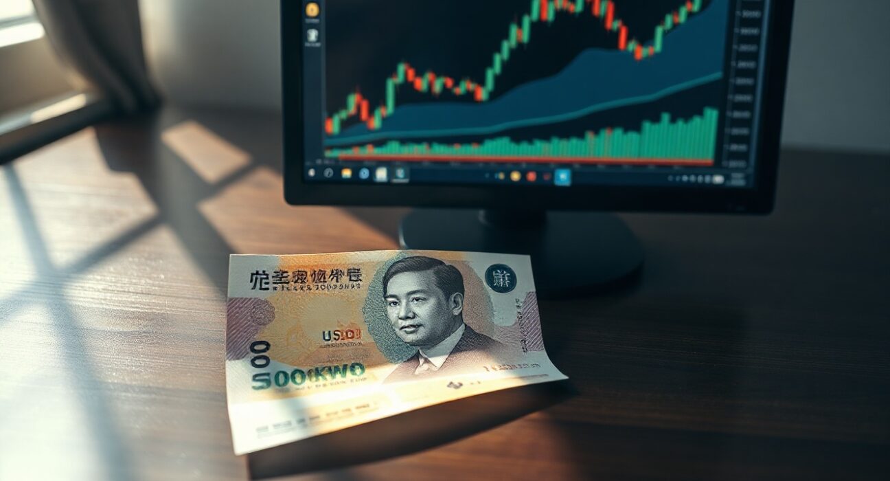 South Korean won banknote on desk with USD/KRW exchange rate chart on monitor in background