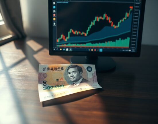 South Korean won banknote on desk with USD/KRW exchange rate chart on monitor in background