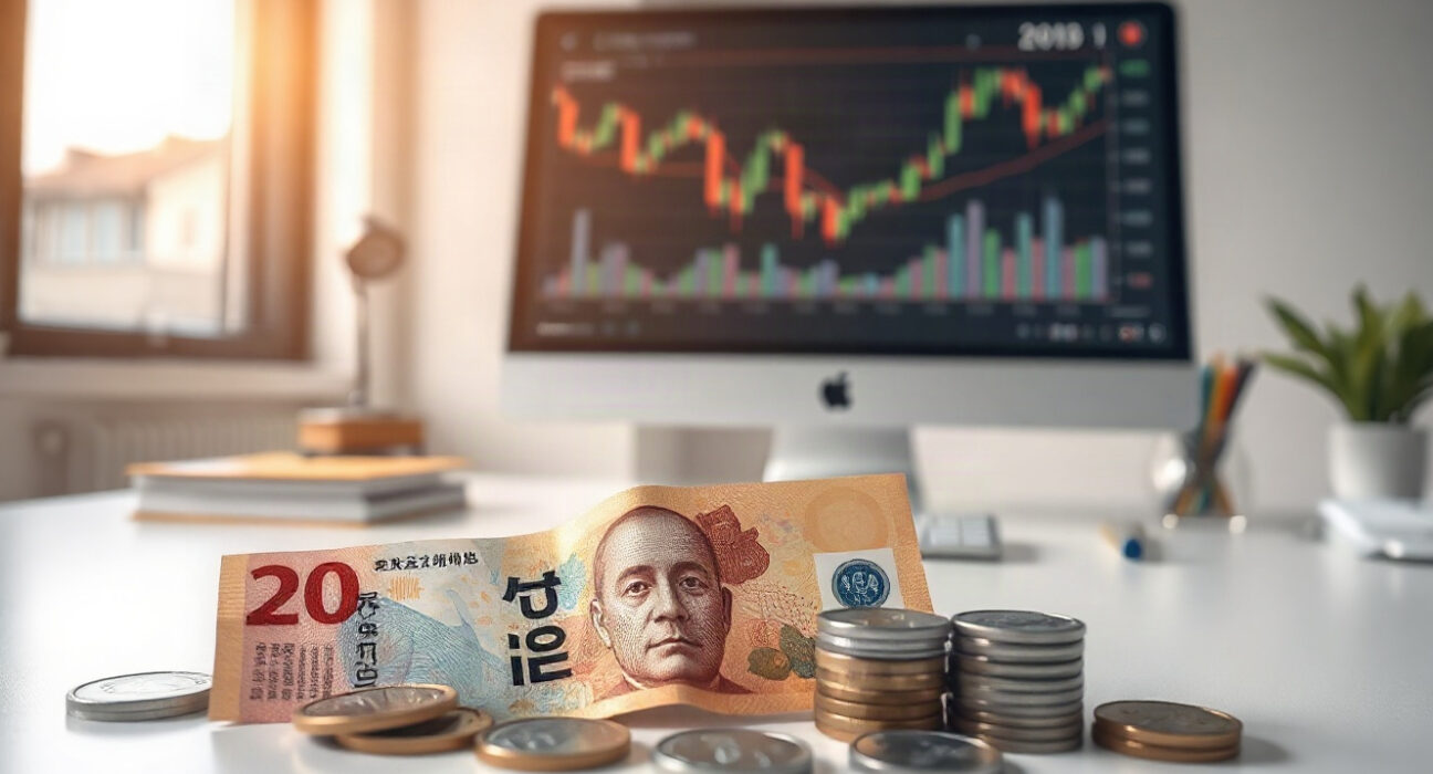 South Korean won banknotes and coins with financial charts in background