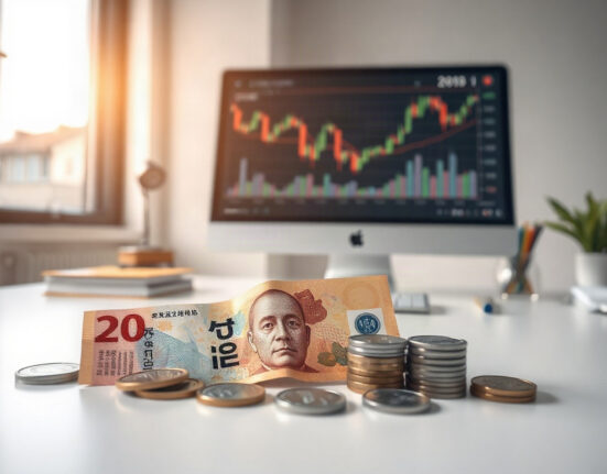 South Korean won banknotes and coins with financial charts in background