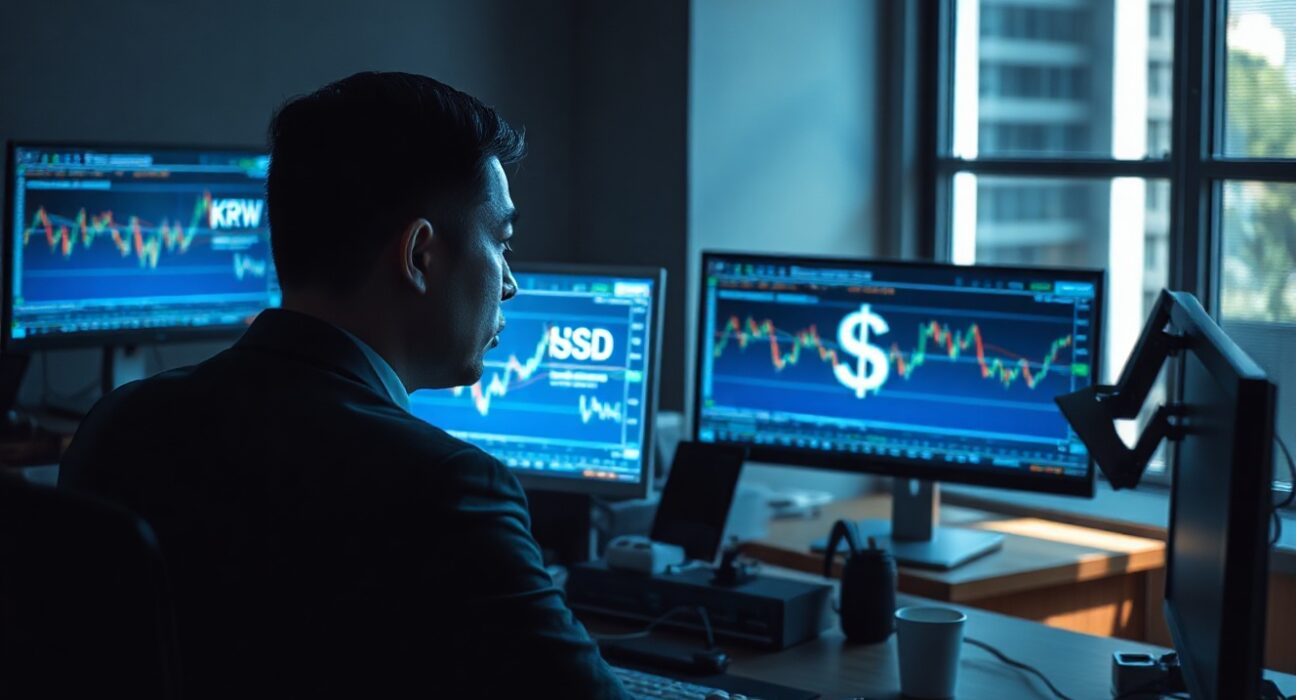 Financial analyst monitoring USD/KRW forex charts on multiple screens in a modern office.