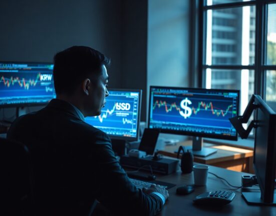 Financial analyst monitoring USD/KRW forex charts on multiple screens in a modern office.
