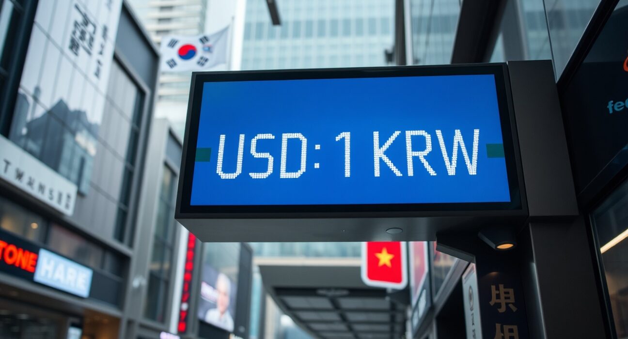 Digital currency exchange board in Seoul showing USD/KRW rate
