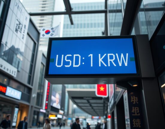 Digital currency exchange board in Seoul showing USD/KRW rate