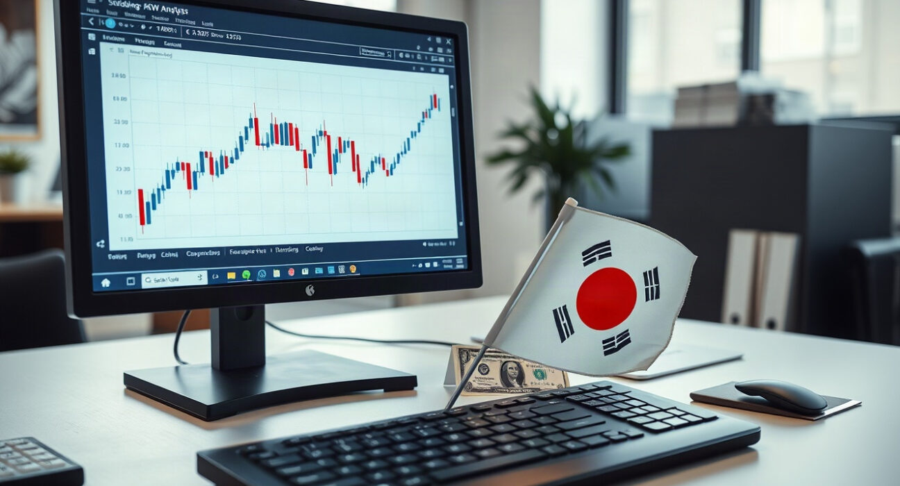 Analyst monitoring USD/KRW exchange rate charts with South Korean flag nearby