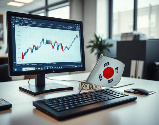 Analyst monitoring USD/KRW exchange rate charts with South Korean flag nearby