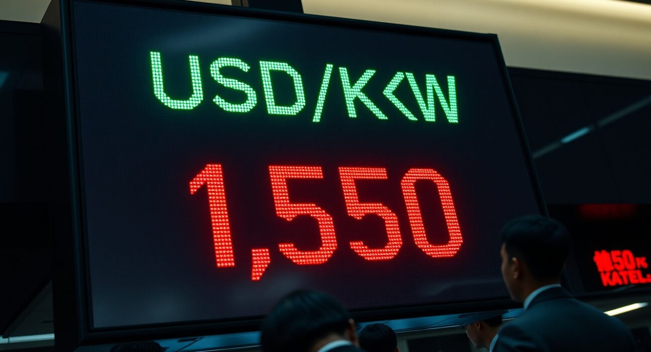 Electronic stock market display board showing USD/KRW exchange rate at 1,550 in Seoul trading floor.