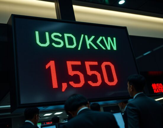 Electronic stock market display board showing USD/KRW exchange rate at 1,550 in Seoul trading floor.