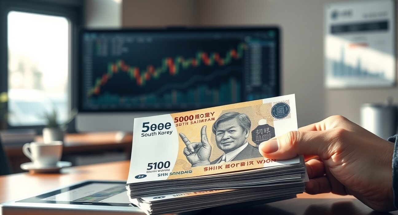 Stack of South Korean won banknotes on a desk with financial analysis charts in background.