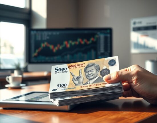 Stack of South Korean won banknotes on a desk with financial analysis charts in background.