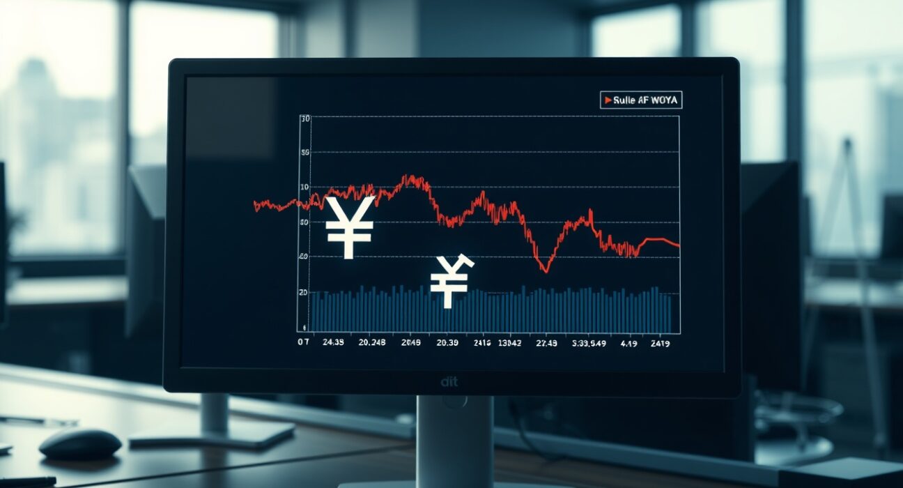 Financial chart showing South Korean won trends on a trading desk monitor