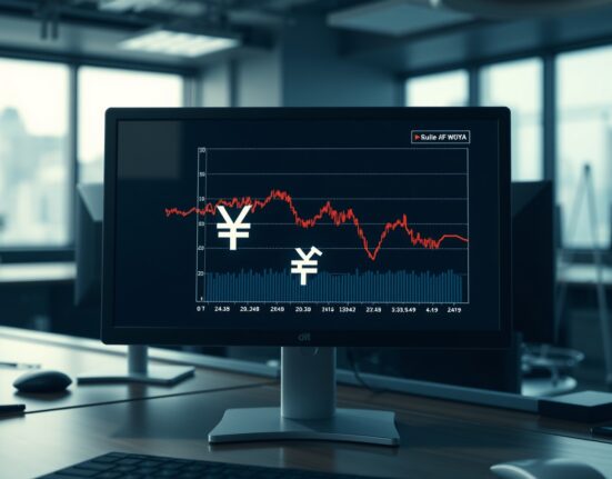 Financial chart showing South Korean won trends on a trading desk monitor