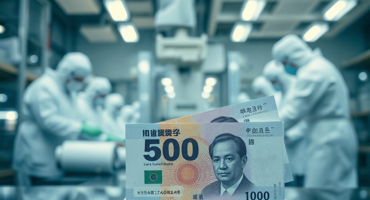 South Korean won banknotes with semiconductor factory background, representing currency weakness linked to tech exports.