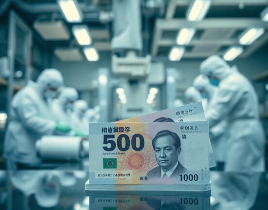 South Korean won banknotes with semiconductor factory background, representing currency weakness linked to tech exports.