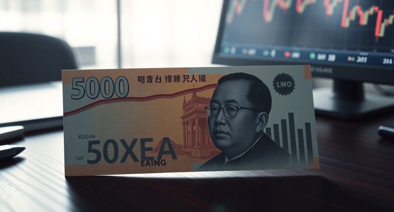 South Korean Won banknote with declining export chart in financial analyst setting