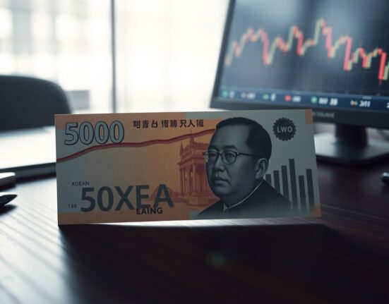 South Korean Won banknote with declining export chart in financial analyst setting