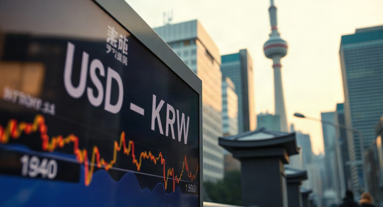 USD/KRW exchange rate chart displayed on a screen in Seoul, South Korea