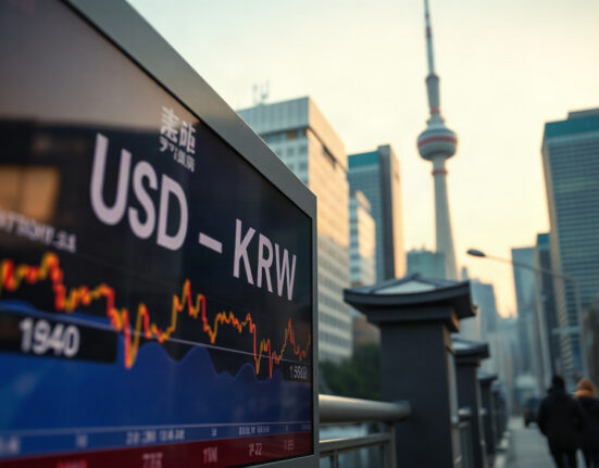 USD/KRW exchange rate chart displayed on a screen in Seoul, South Korea
