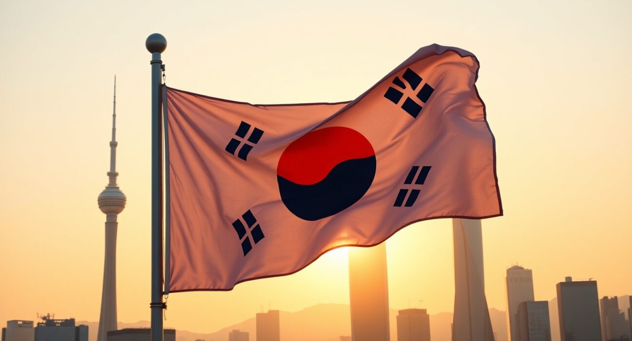 South Korean flag against Seoul skyline at golden hour, representing strong economic performance supporting the Won.