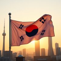 South Korean flag against Seoul skyline at golden hour, representing strong economic performance supporting the Won.