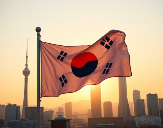 South Korean flag against Seoul skyline at golden hour, representing strong economic performance supporting the Won.