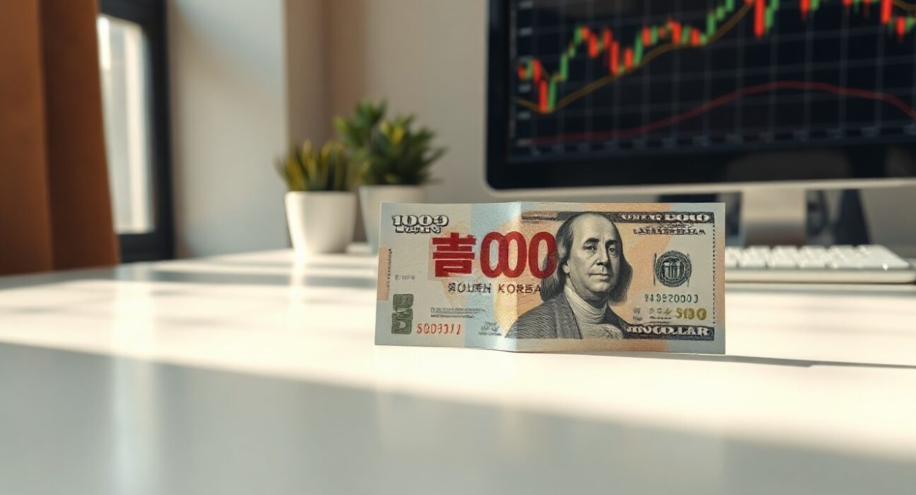 South Korean Won and US Dollar banknotes on a desk with a financial chart in background, symbolizing currency market analysis.