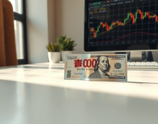 South Korean Won and US Dollar banknotes on a desk with a financial chart in background, symbolizing currency market analysis.